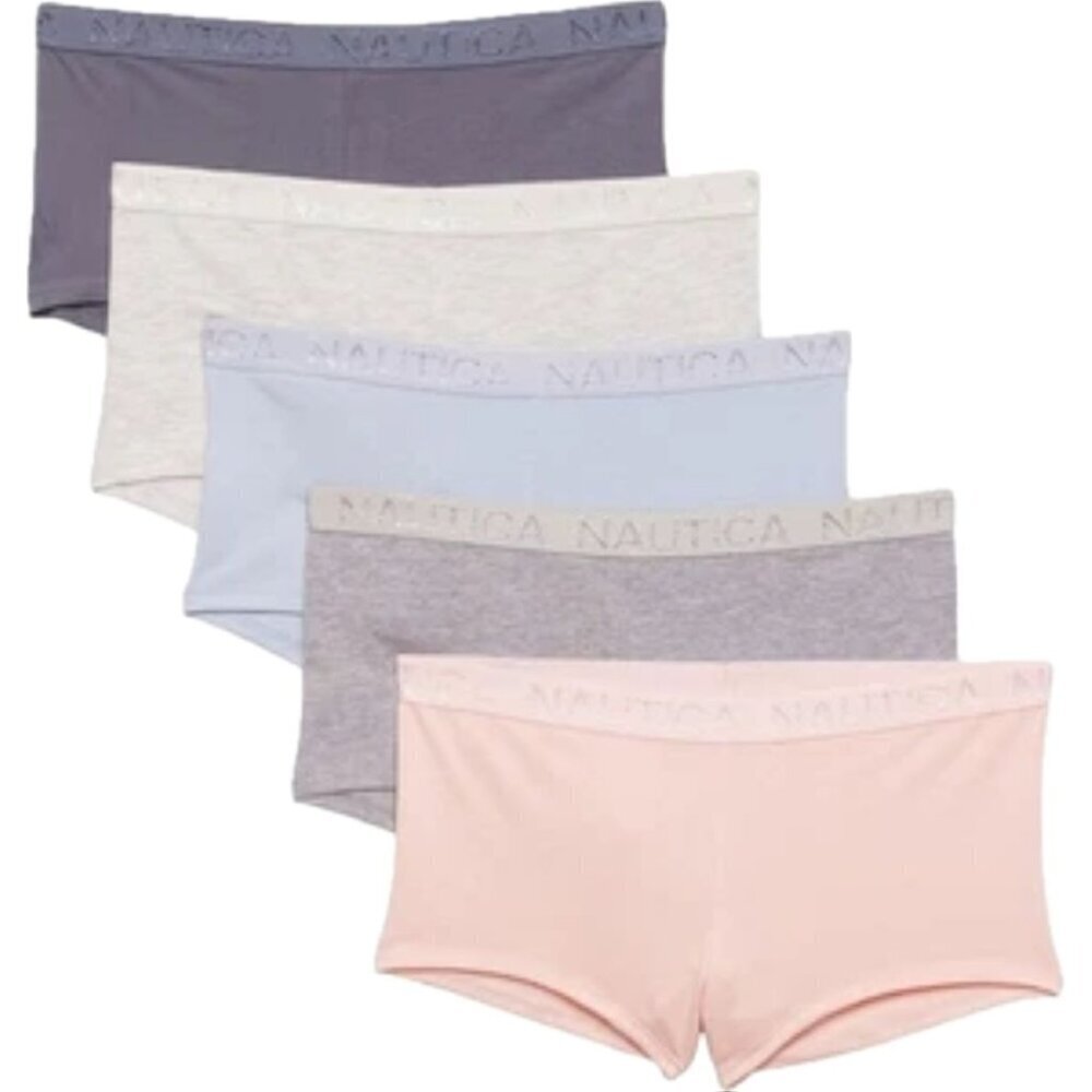 Nautica XL Blue-Pink-Gray Logo Waistband Organic Cotton Boy Short Panties-5-Pack - Picture 2 of 6